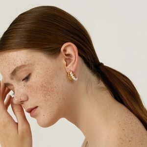 18k Gold Plated Bead Pearl Hoop Earrings